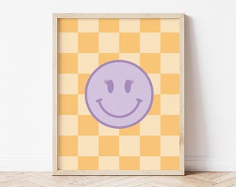 Girl Room Decor Smile Face Wall Art Print, Checkered Girl Smile Graphic Poster, Tween Girl Teen Girl Room Print, Girl Playroom Decor