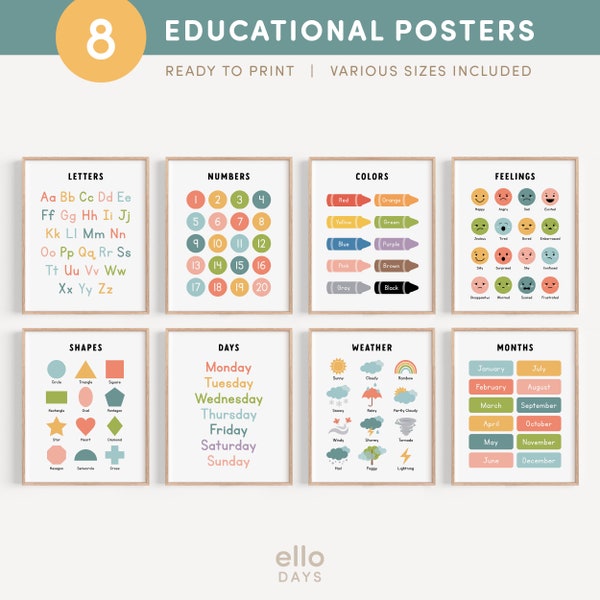 Poster educativi Set di 8, Segni di grafici per l'apprendimento homeschool, Sala giochi per bambini Montessori, Stampe di decorazioni prescolari