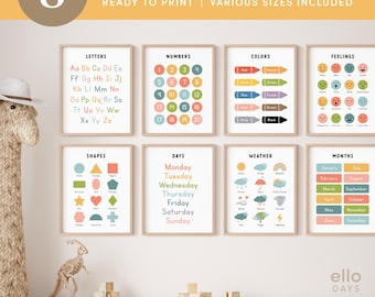 Educational Posters, 8 Classroom Posters Bundle, Homeschool Learning Wall Art, Montessori Toddler Playroom Decor, Preschool Printable Signs