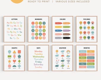 Educational Posters Set of 8, Homeschool Learning Chart Signs, Montessori Toddler Playroom, Preschool Decor Prints