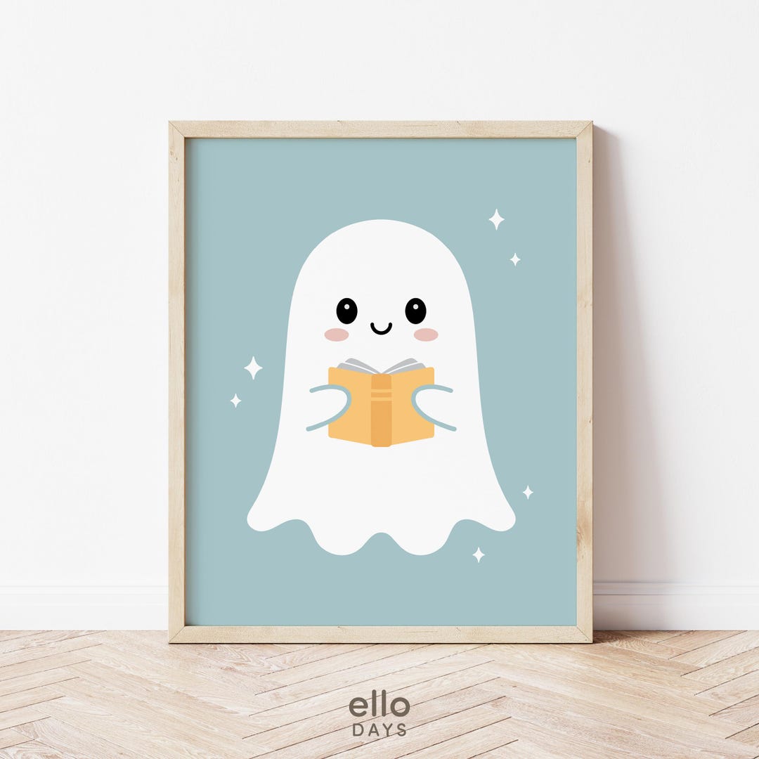 Cute Reading Ghost Halloween Poster Wall Art, Ghostly Cuteness ...