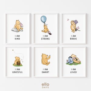 May include: Six Winnie the Pooh themed printable wall art prints with positive affirmations. Each print features a different Winnie the Pooh character and a positive affirmation. The affirmations are: I am kind, I am grateful, I am strong, I am brave, I am smart, and I am loved.