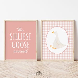 Pink Girl Nursery Decor Silly Goose Wall Art Silliest Goose Around Prints Set of 2, Gingham Pink Cottage Core Baby Girl Toddler Room Decor