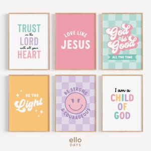 May include: Set of six colourful prints with inspirational quotes about faith and positivity. The prints feature a variety of colours and patterns, including pink, yellow, purple, and green. The quotes include "Trust in the Lord with all your heart", "Love like Jesus", "God is good all the time", "Be the light", "Be strong and courageous", and "I am a child of God".