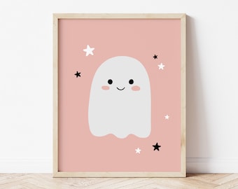 Arte de parede para impressão de fantasma fofo de Halloween rosa | Decoração de impressão de Halloween | berçário da sala de jogos da sala das crianças pôster | Impressão digital de decoração para casa