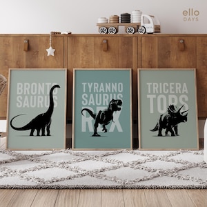 Dinosaur Posters 3 Piece Wall Art, Dino Toddler Room Decor, Boy Playroom Decor, Blue Nursery