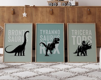 Dinosaur Posters 3 Piece Wall Art, Dino Toddler Room Decor, Boy Playroom Decor, Blue Nursery