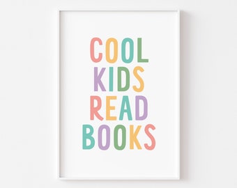 Cool Kids Read Books Signo de decoración del aula, Arte de la pared del rincón de lectura, Cartel de la biblioteca imprimible, Decoración de la sala de juegos