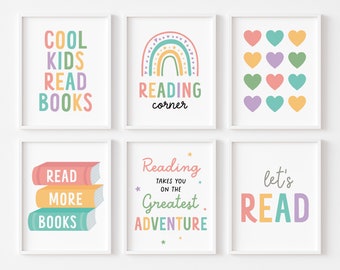 May include: Set of six colorful printable wall art prints with reading-themed text and illustrations. The prints feature a rainbow, hearts, books, and the text "Cool Kids Read Books", "Reading Corner", "Read More Books", "Reading Takes You On The Greatest Adventure", and "Let's Read".