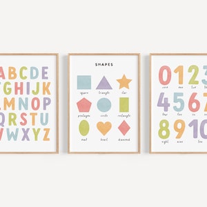 Formas del alfabeto Números 1-10 Paquete de arte de pared imprimible / Conjunto de carteles educativos arco iris / Sala de juegos para niños Decoración de la guardería del aula de la escuela en casa