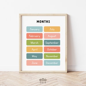 Stampa educativa dei mesi dell'anno, poster didattico per il calendario mensile, cartello per l'aula prescolare, arte da parete per la scuola materna