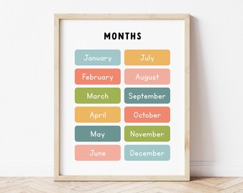 Stampa educativa dei mesi dell'anno, poster didattico per il calendario mensile, cartello per l'aula prescolare, arte da parete per la scuola materna