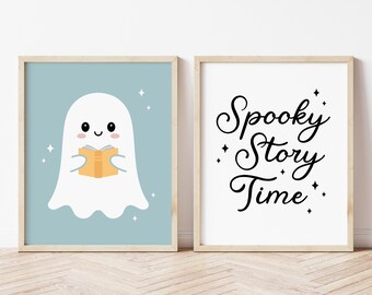 Halloween Reading Corner Wall Art Decor, Cute Reading Ghost Spooky Story Time Poster Set, Halloween Classroom Library Prints