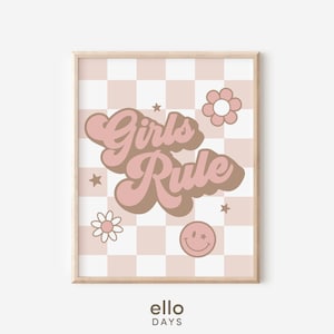 Mädchen Regel Retro Stil Wand Druck | Rosa kariertes Retro Vintage Lächeln-Gesicht Wandkunst | Mädchen Raum Dekor | Kinderzimmer Poster