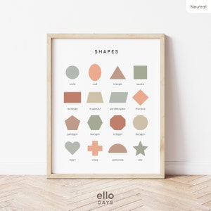 Impresión educativa de formas neutras, póster minimalista para el aula, decoración de la escuela en el hogar de la sala de juegos Montessori, gráfico de formas 2D