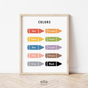Farben Lernposter, Kleinkind Lernwandkunst, Vorschuldekoration, Spielzimmer Homeschool Druck