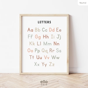 Cartel educativo del alfabeto neutro, cartel de pared del gráfico ABC del aula, decoración de la escuela en el hogar, impresión de la sala de juegos, arte del dormitorio Montessori