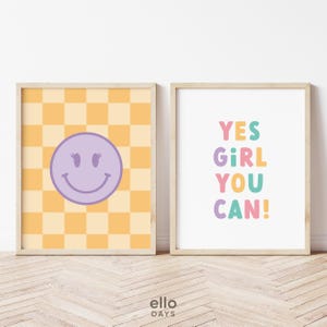 Girl Room Decor Prints, Smile Yes Girl Wall Art Poster Set, Girl Positive Affirmation Print, Tween Girl Teen Girl Room Decor