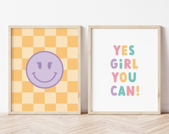 Girl Room Decor Prints, Smile Yes Girl Wall Art Poster Set, Girl Positive Affirmation Print, Tween Girl Teen Girl Room Decor