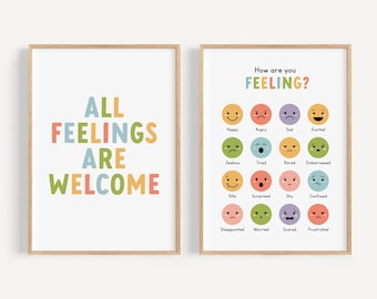 All Feelings Are Welcome Feelings Chart Poster Bundle, School Counselor Therapist Office Decor, Emotions Regulation, Classroom Decoration