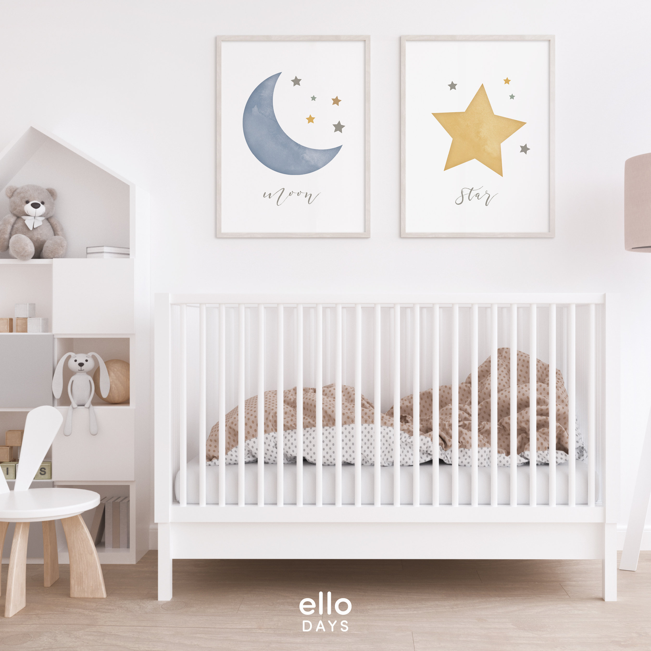 Moon and Star Gender Neutral Nursery Wall Art | Boho Baby Kids Room ...