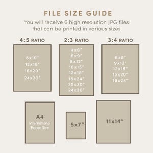 May include: A chart showing different print sizes for digital art prints in inches. The chart is divided into three sections: 4:5 ratio, 2:3 ratio, and 3:4 ratio. Each section lists a variety of print sizes, including 8x10, 12x15, 16x20, and 24x30 inches.