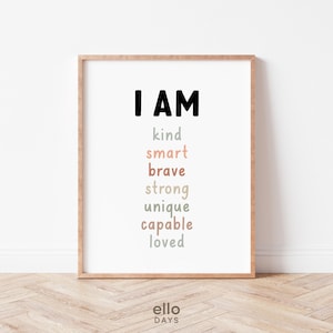 Impression Je suis affirmations, art mural affirmations pour enfants, affiche paroles d'affirmations, décoration de salle de classe positive, décoration murale neutre