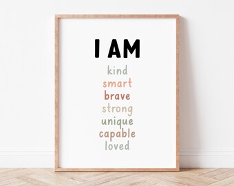 I Am Affirmations Print, Kids Affirmations Wall Art, Words of Affirmations Poster, Positive Classroom Decor, Neutral Wall Decor