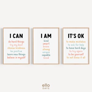 Affirmations pour enfants, lot de 3 affiches, lot d'oeuvres d'art murales Daily Affirmations, paroles d'affirmations I am I Can pour enfants, ensemble de décorations pour la salle de classe