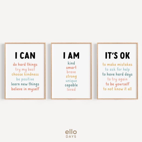 Affirmations for Kids Poster Set of 3, Daily Affirmations Wall Art Bundle, I Am I Can Words of Affirmations for Kids, Classroom Decor Set