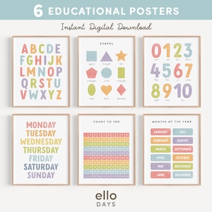 Rainbow Classroom Learning Charts, Set of 6 Educational Poster Set, Playroom Wall Print Bundle, Homeschool Wall Decor