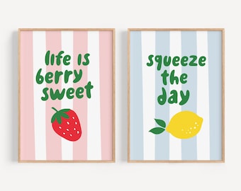 Strawberry Lemon Decor Motivational Poster Food Wall Art, Fun Summer Kitchen Decor, Positive Affirmation Prints
