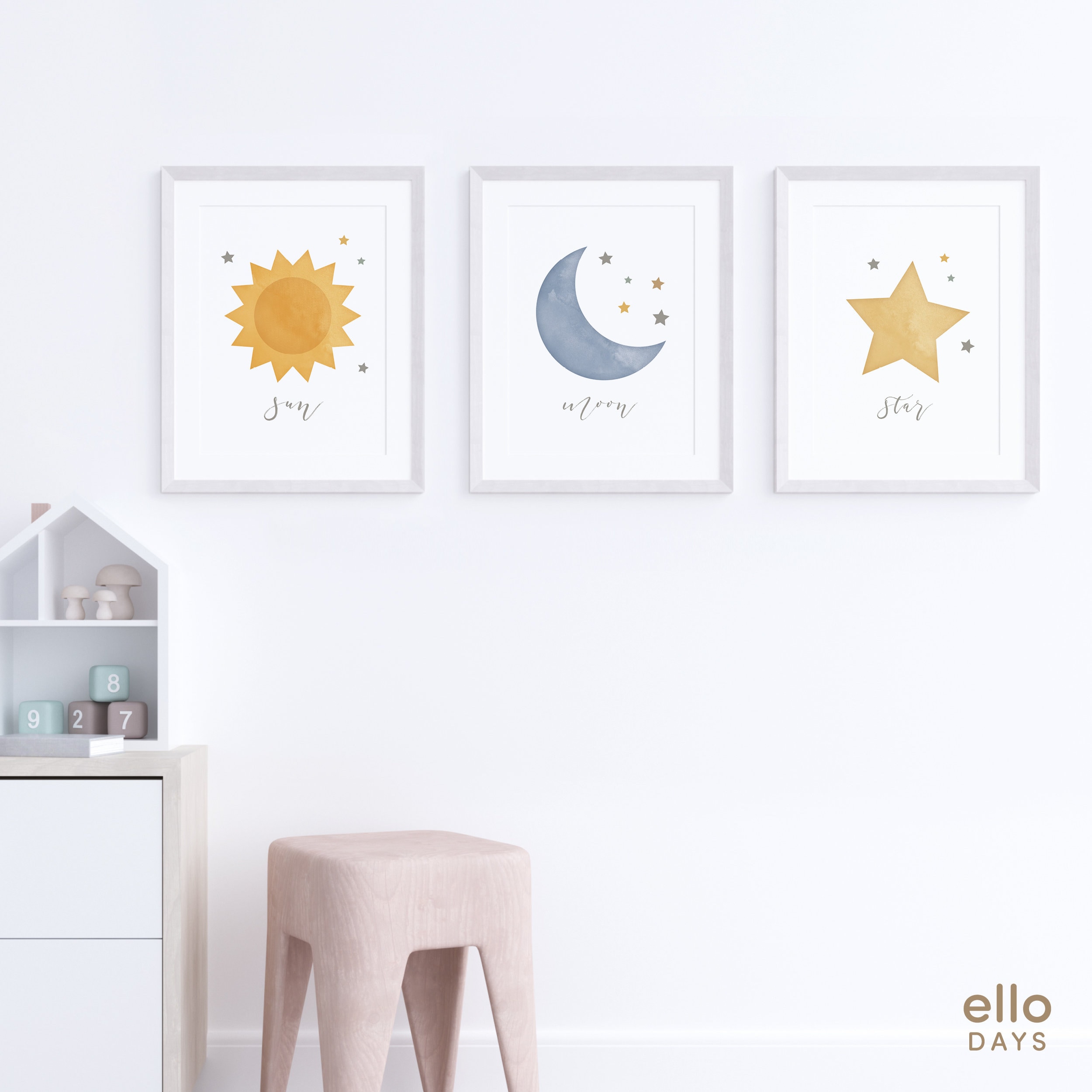 Sun Moon Star Set of 3 Nursery Wall Art Printable | Celestial Baby Kids ...