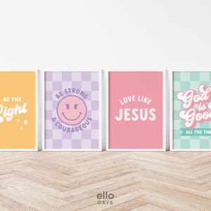 May include: Four printable wall art prints with inspirational quotes and a checkered background. The prints are in a white frame and feature the following text: "Be the Light", "Be Strong & Courageous", "Love Like Jesus", and "God is Good".