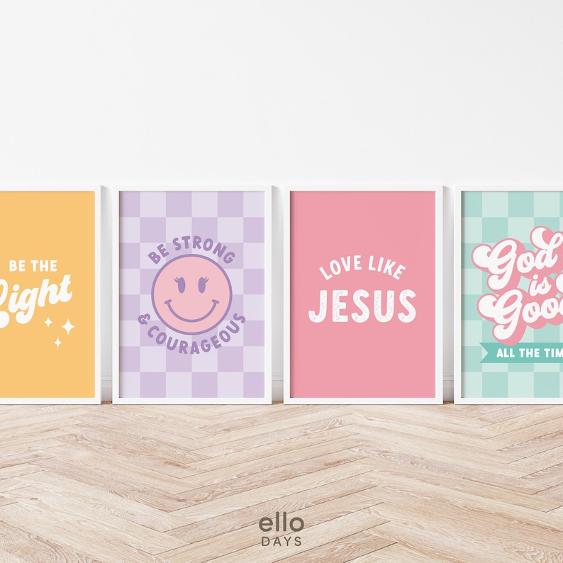 May include: Four printable wall art prints with inspirational quotes and a checkered background. The prints are in a white frame and feature the following text: "Be the Light", "Be Strong & Courageous", "Love Like Jesus", and "God is Good".