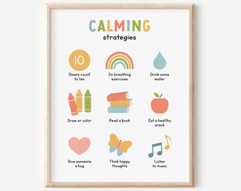 Kalmerende strategieën therapie poster, kalmerende hoek, geestelijke gezondheid poster, therapeut wand decor