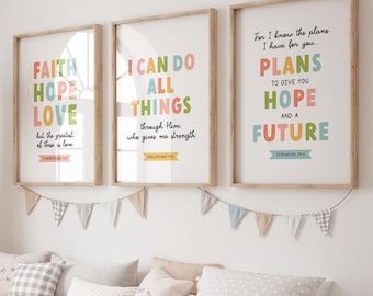 Kids Bible Verse Wall Art Set of 3, Christian Wall Art Printable, Scripture Wall Art Nursery Decor, Christian Decor Kids Room Print