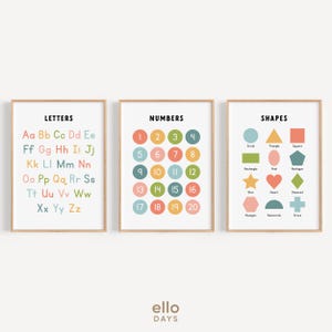 Juego de 3 carteles educativos, letras del alfabeto, números, formas, impresión de pared, arte de pared para educación en el hogar, decoración preescolar Montessori para niños pequeños