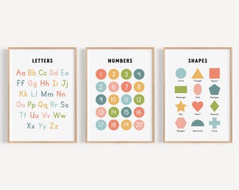 May include: Three colorful educational posters with wooden frames. The first poster has the alphabet in lowercase letters, the second poster has numbers 1-20, and the third poster has various shapes with their names.