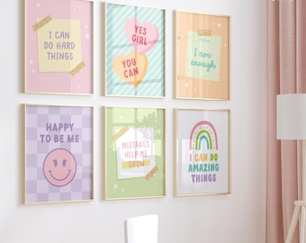 Positive Affirmations Girl Room Decor Motivational Posters Gallery Wall Set of 6, Girly Wall Art Dopamine Decor, Girl Room Prints