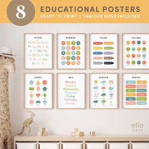 Lernposter, 8 Klassenzimmer Poster, Lernwand zu Hause, Montessori Kleinkind Spielzimmer Dekor, druckbare Schilder für die Vorschule