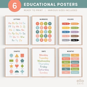 Juego de 6 carteles educativos, impresiones para el aula y la educación en el hogar, decoración de habitación Montessori para niños pequeños, paquete de arte de pared para sala de juegos