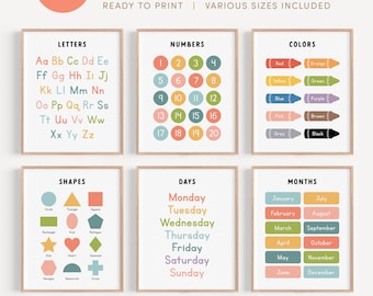 Educational Posters Set of 6, Classroom Homeschool Prints, Montessori Toddler Room Decor, Playroom Wall Art Bundle
