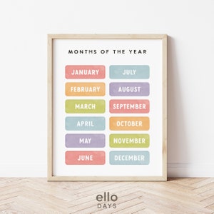 Maanden van het jaar leren grafiek, klas decoratie prints, Homeschool Montessori Preschool posters, educatieve kunst aan de muur