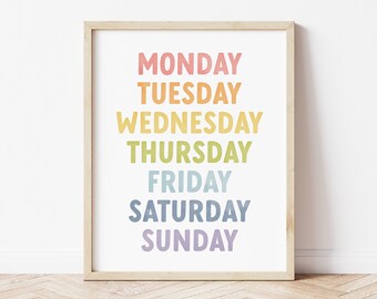 Rainbow Days of the Week Printable Wall Art Poster | Educational Poster | Kids Room Playroom Homeschool Classroom Decoration | Digital Print