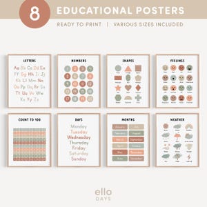 Neutrale Lernposter 8er Set, Lernposter für Zuhause, Schule, Kindergarten Poster, Kinderzimmer Dekor, Kinderzimmer Dekor