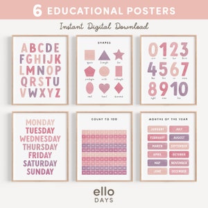 Pink Educational Poster Set of 6, Classroom Poster Bundle, Playroom Homeschool Wall Decor, Alphabet Numbers Shapes Wall Art