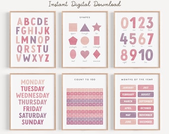 Pink Educational Poster Set of 6, Classroom Poster Bundle, Playroom Homeschool Wall Decor, Alphabet Numbers Shapes Wall Art