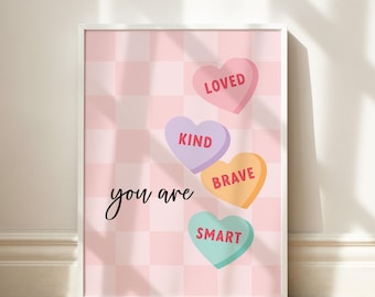 Valentine Positive Affirmations Wall Art, Pink Valentine Decor Print, Girl Affirmations Room Decor, Pastel Hearts Poster