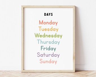 Days of the Week Educational Poster, Classroom Days Wall Print, Toddler Preschool Wall Decor, Homeschool Decoration